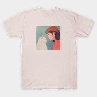 Retro Anime Girl And Cat Vintage Art 70s 80s 90s T-Shirt